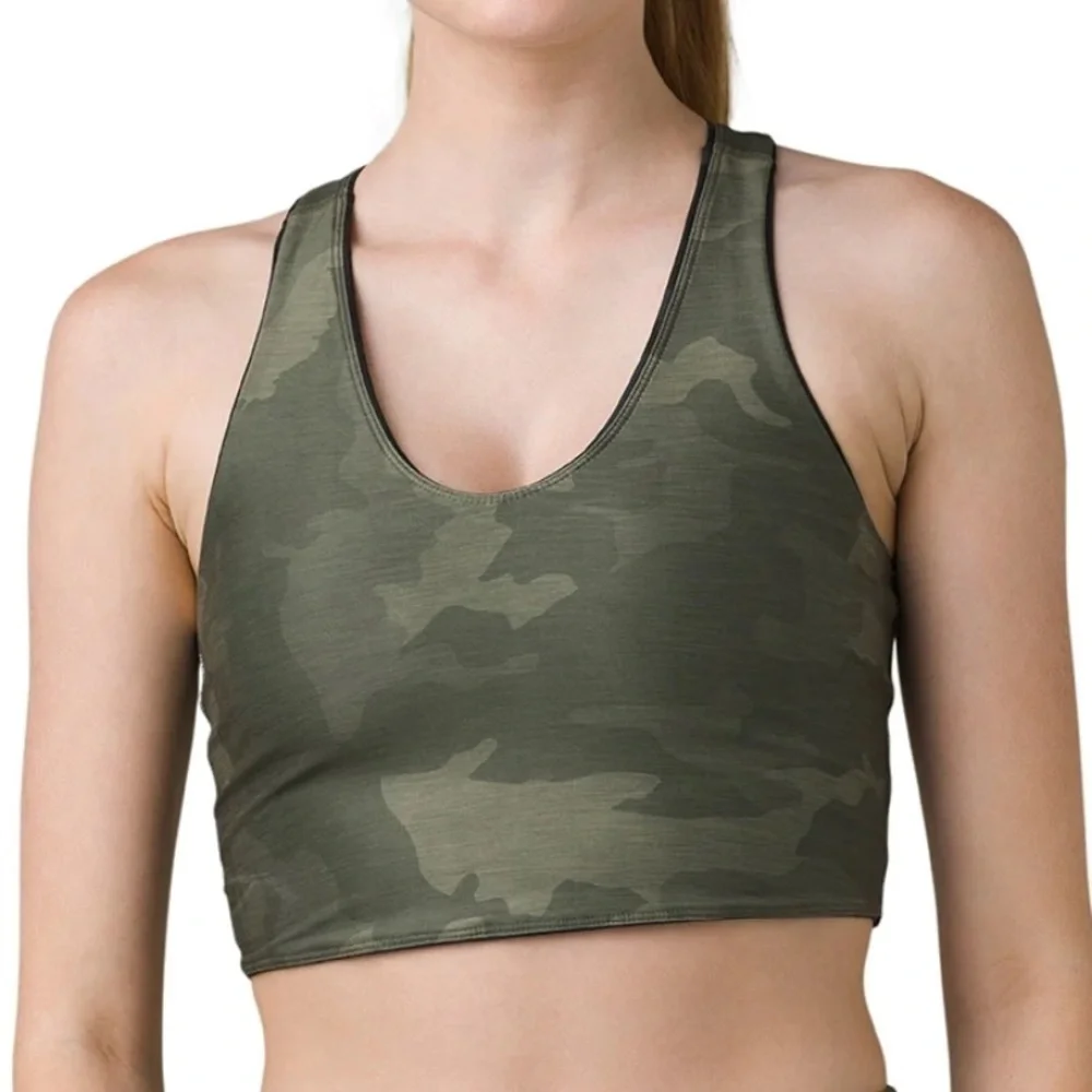 NWT Prana Momento Racerback Crop Top Sports Bra Reversible Camo Print